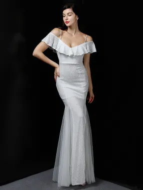 White Strap Dress Sequin Evening Dress Off Shoulder Women Long Formal Party Dress