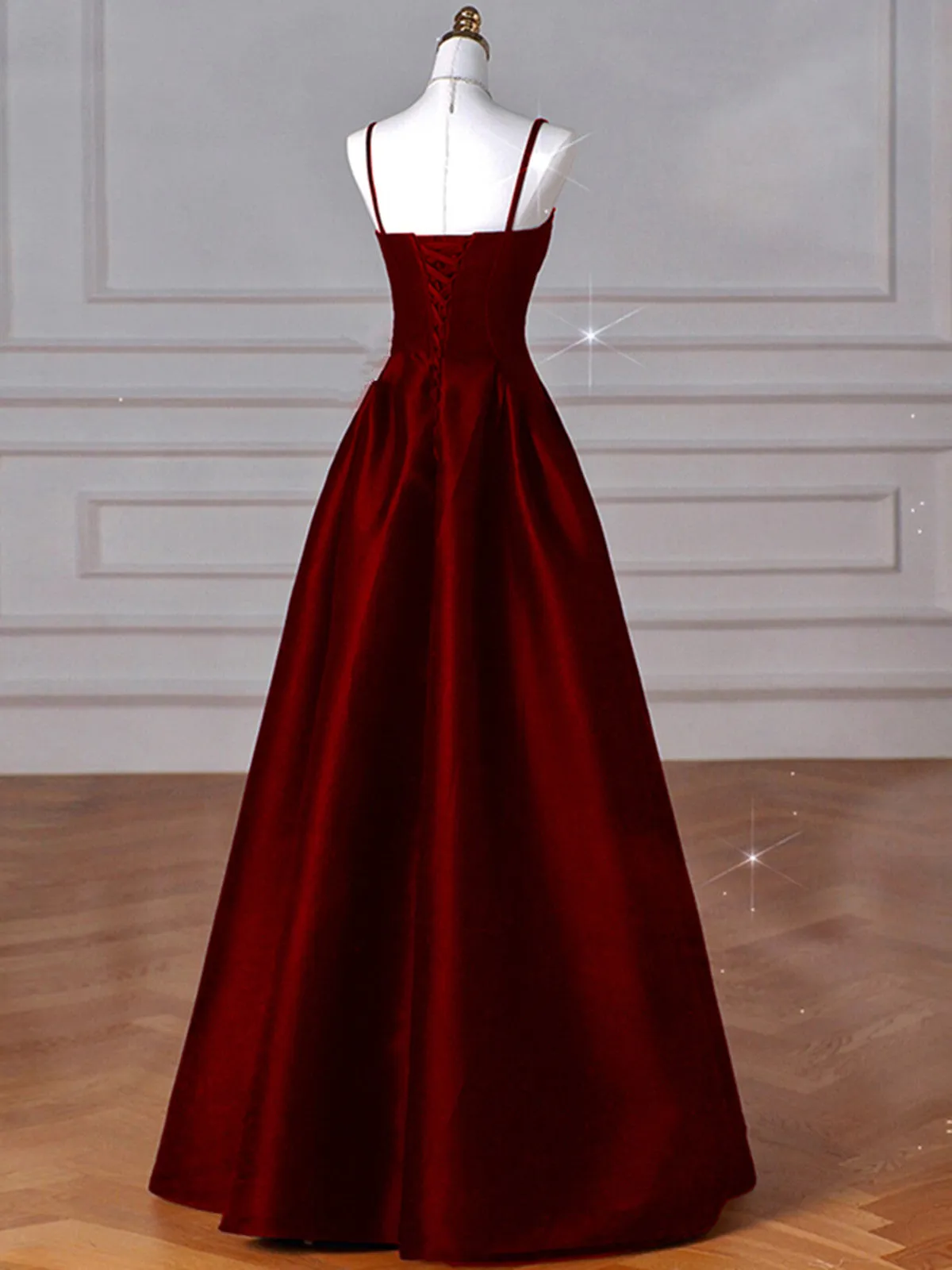 Wine Red A-Line Straps Satin Long Party Dress, Wine Red Long Prom Dress Evening Dress