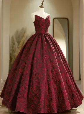 Wine Red Floral Lace V-neckline Long Evening Dress, Wine Red Prom Dress