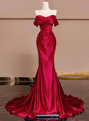 Wine Red Satin Off Shoulder Evening Dress, Wine Red Long Party Dress