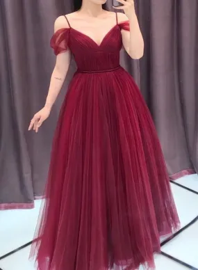 Wine Red Straps Off Shoulder A-line Tulle Evening Dress Party Dress, Dark Red Prom Dress Formal Gown