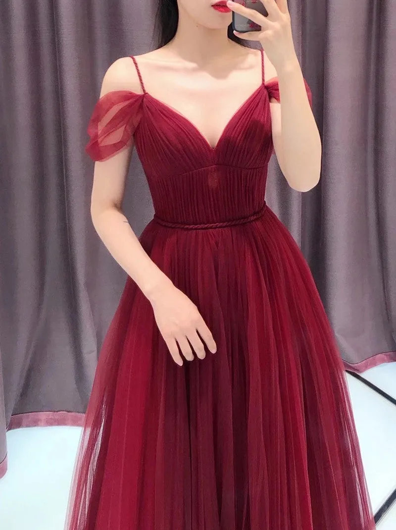 Wine Red Straps Off Shoulder A-line Tulle Evening Dress Party Dress, Dark Red Prom Dress Formal Gown