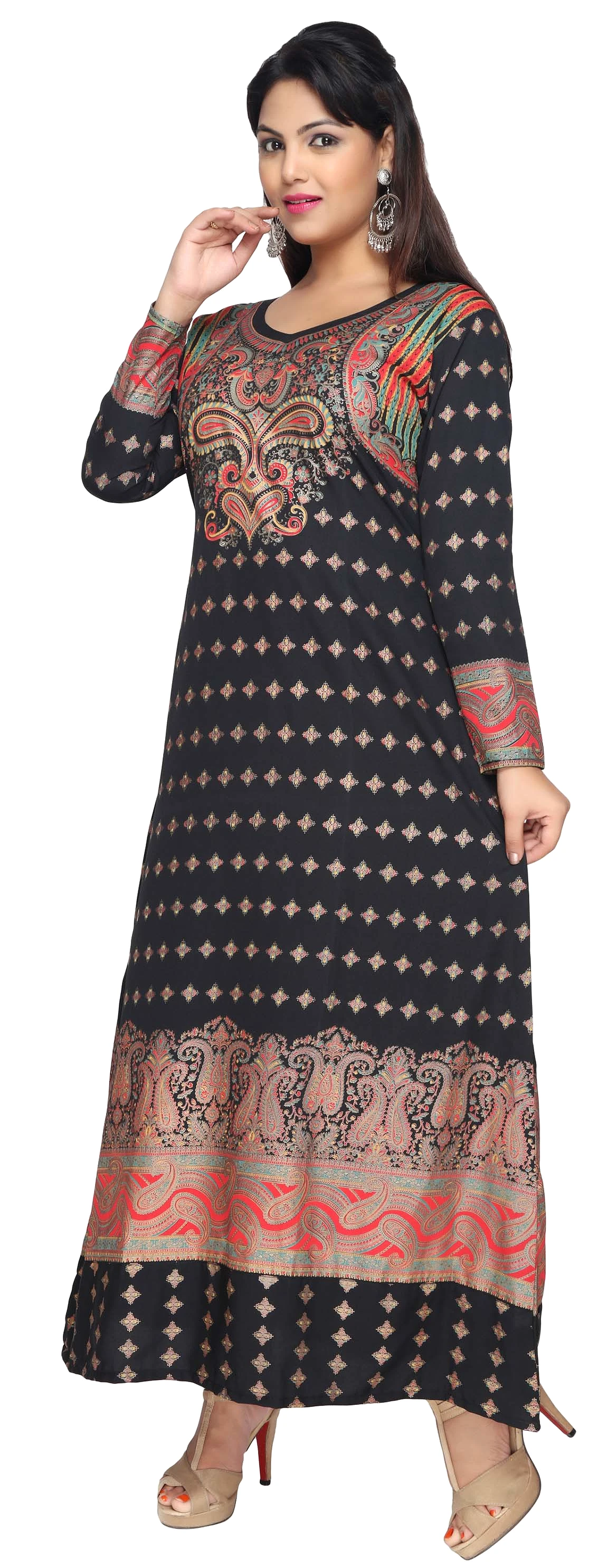 Women's Evening Printed Long Caftan Dress Abayas Kaftan (Black)