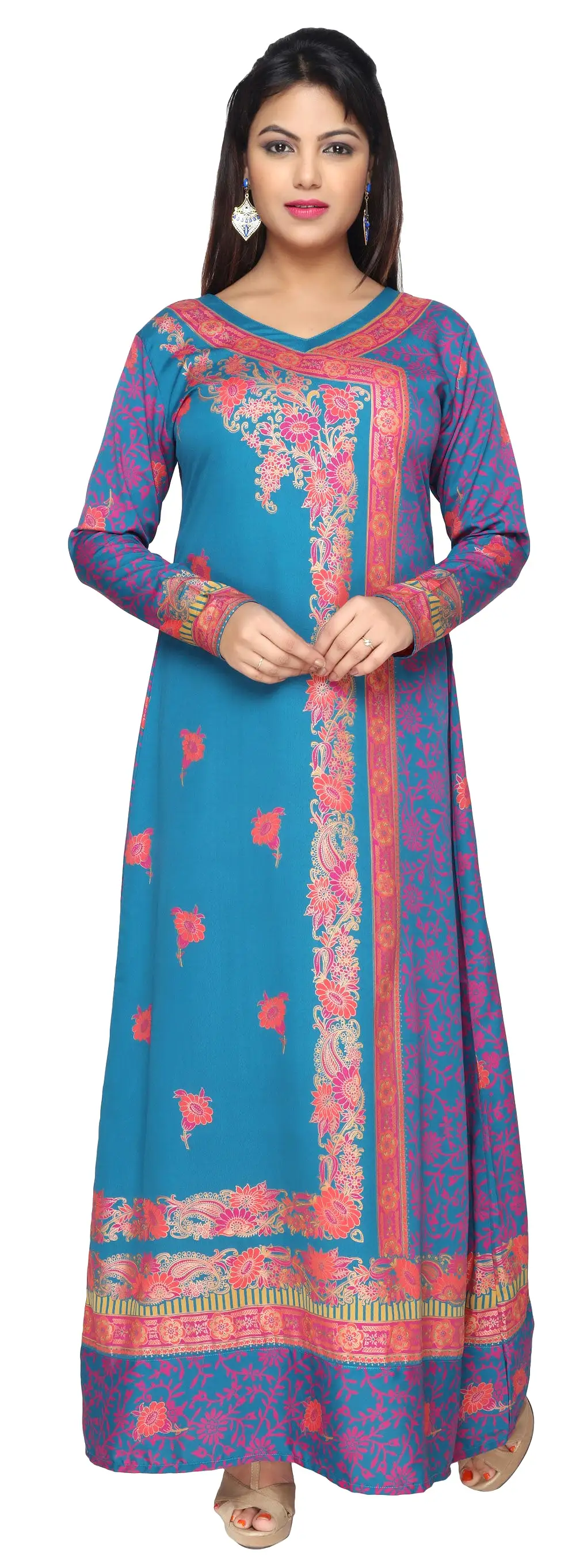 Womens Evening Printed Long Dress Abayas Kaftan (Blue)