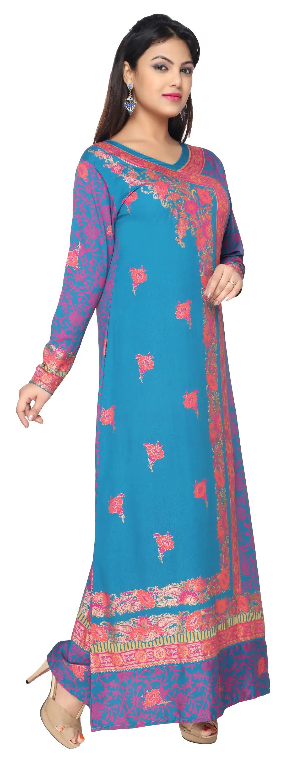 Womens Evening Printed Long Dress Abayas Kaftan (Blue)