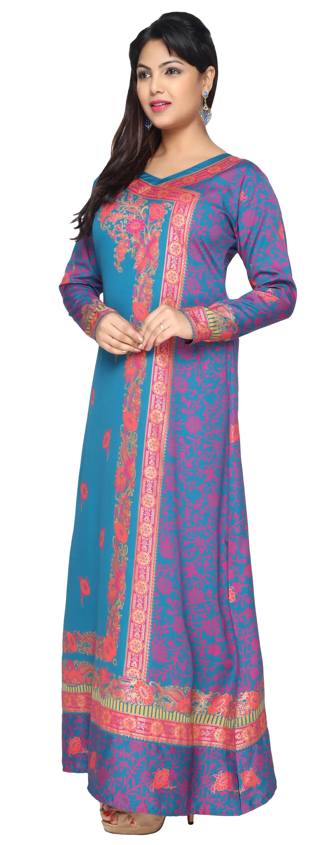 Womens Evening Printed Long Dress Abayas Kaftan (Blue)