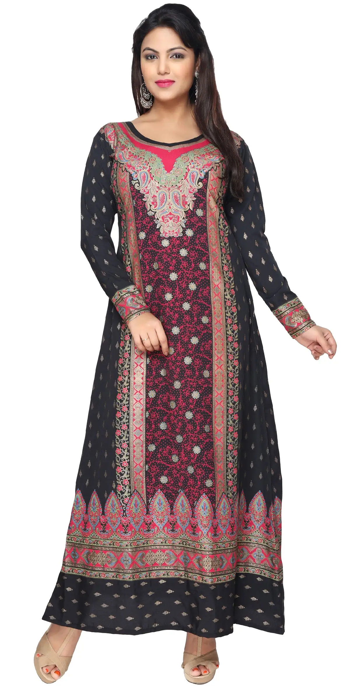 Womens Evening Printed Long Dress Kaftan (Black-Pink)