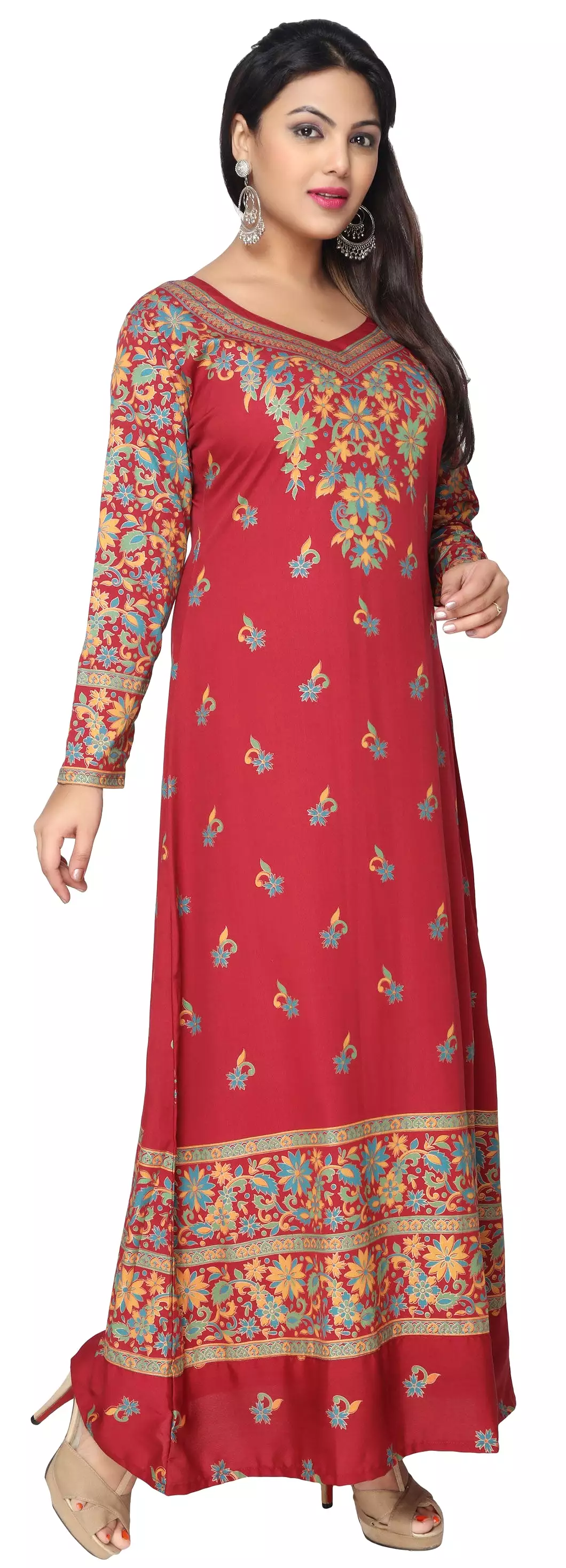 Womens Printed Long Kaftan Evening Dress (Red)