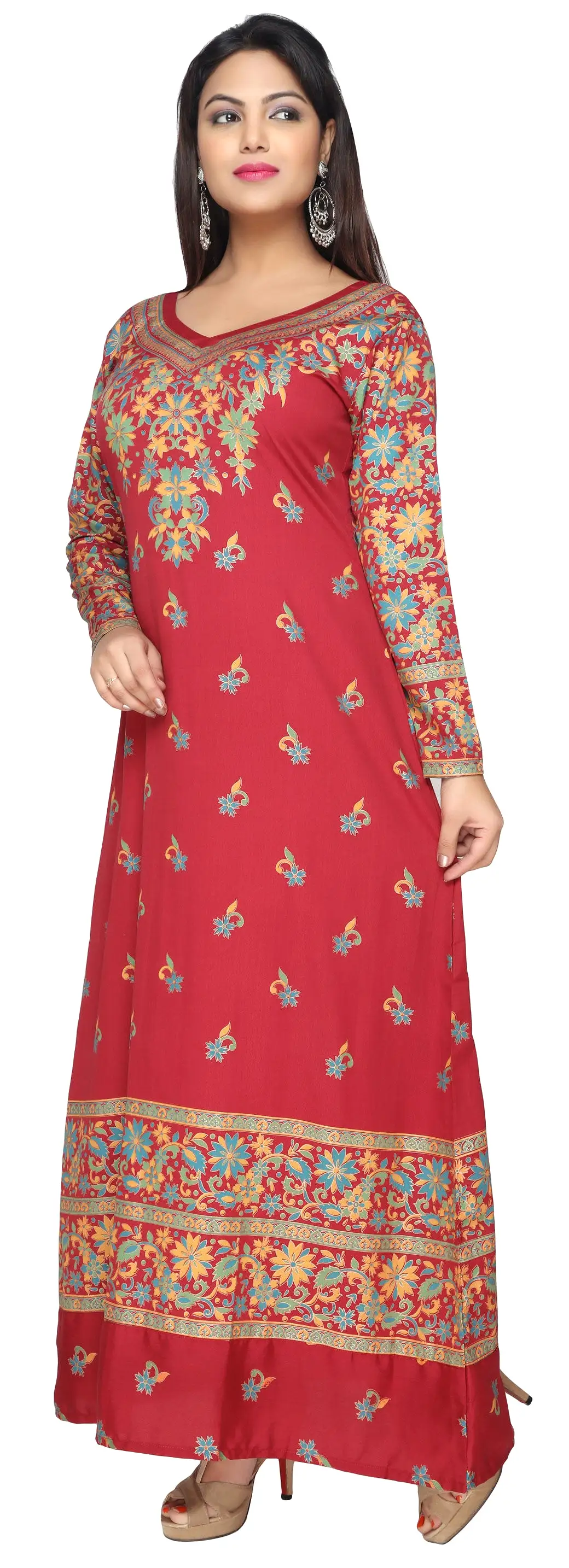 Womens Printed Long Kaftan Evening Dress (Red)