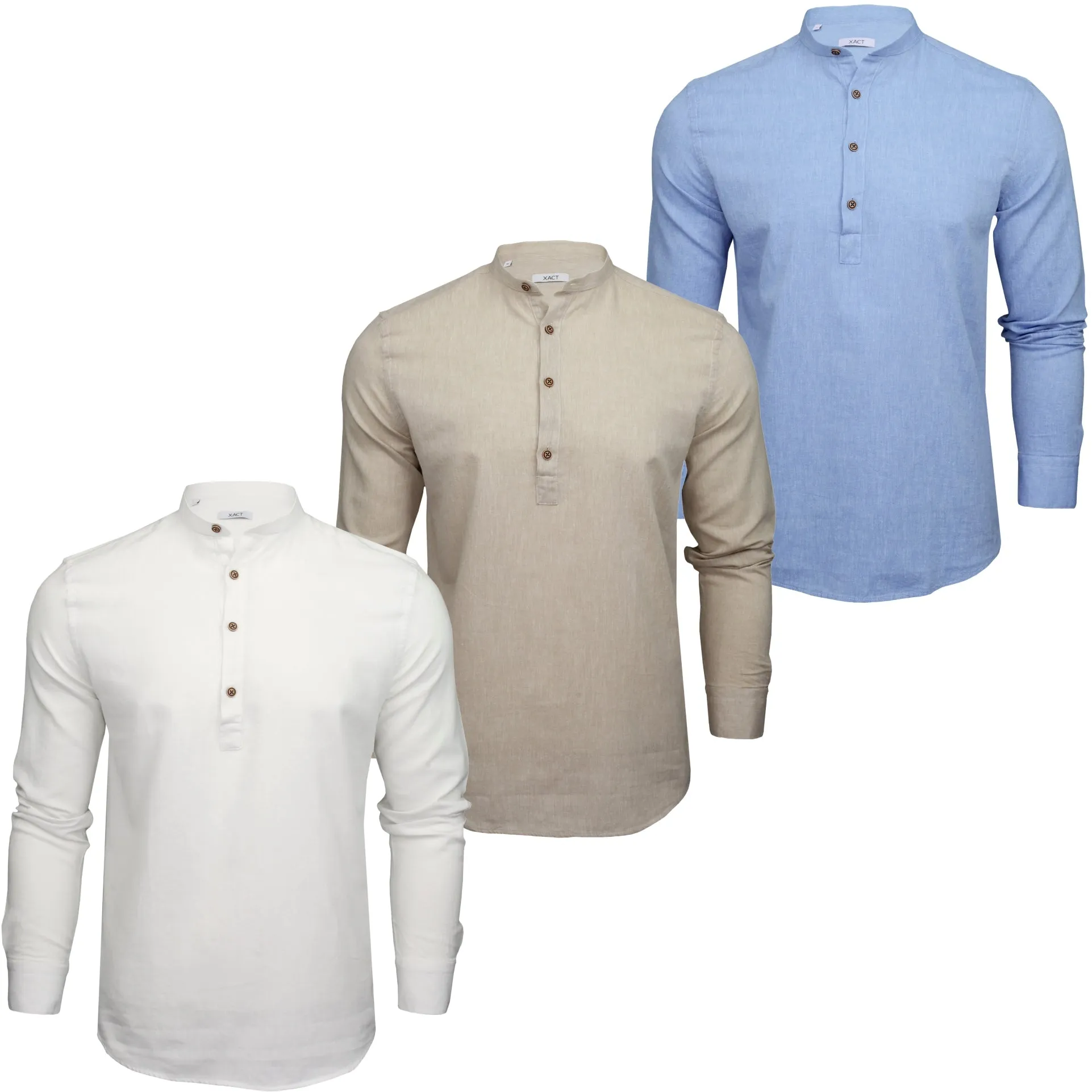 Xact Mens Cotton Linen Grandad Band Collar Tunic Shirt - Long Sleeved