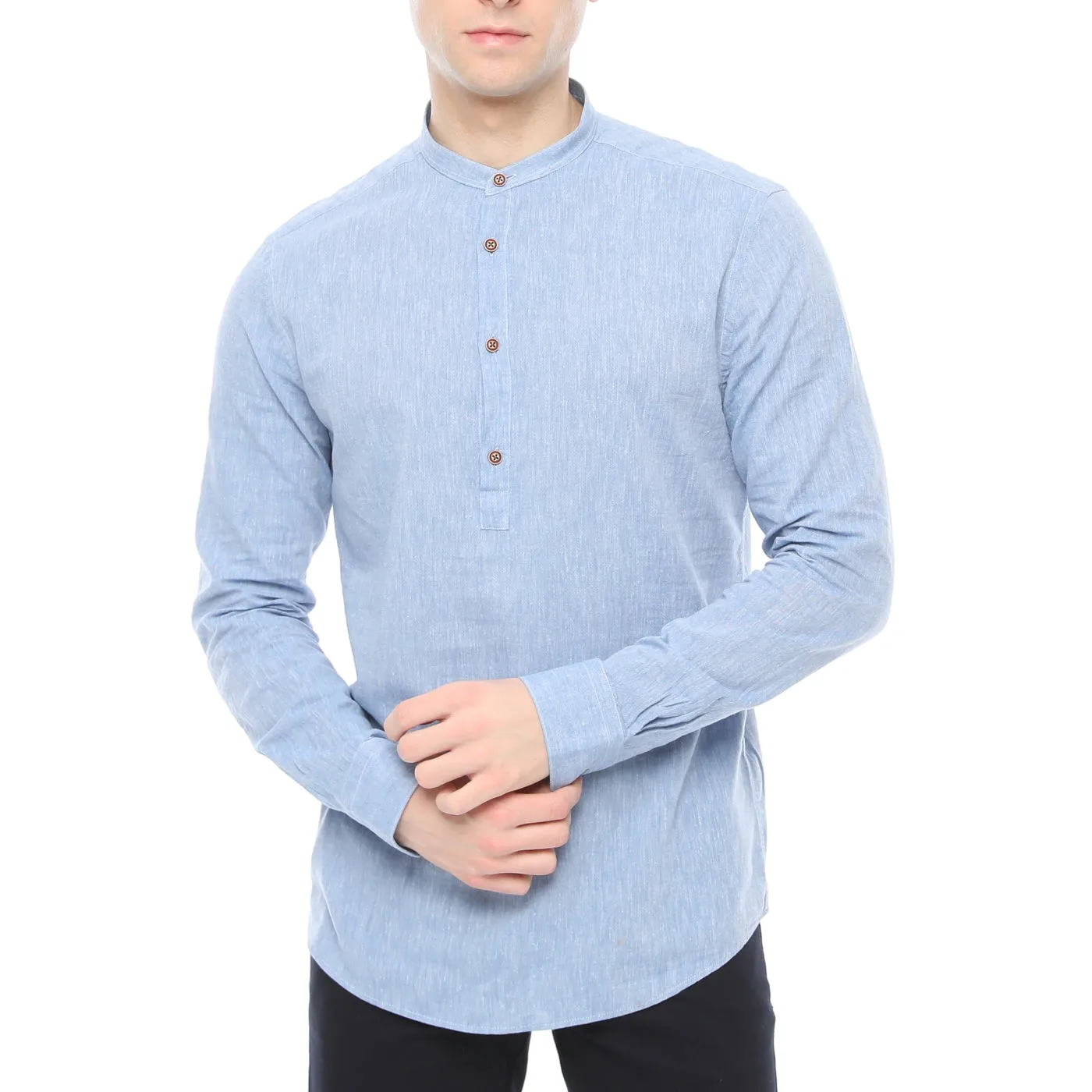 Xact Mens Cotton Linen Grandad Band Collar Tunic Shirt - Long Sleeved