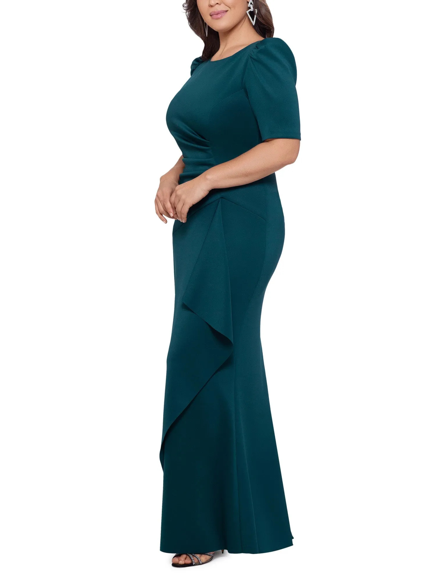 XSCAPE Womens Green Zippered Pouf Sleeve Round Neck Full-Length Evening Gown Dress