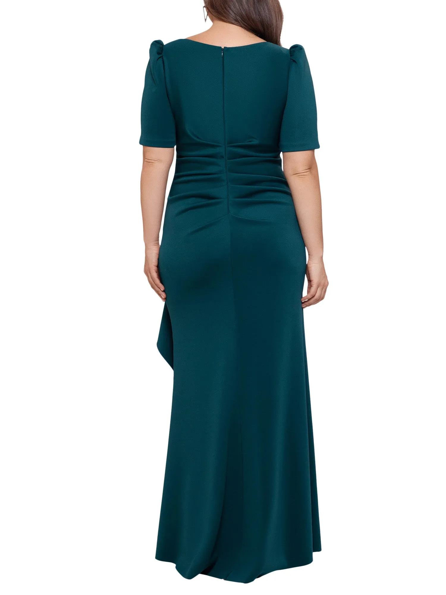 XSCAPE Womens Green Zippered Pouf Sleeve Round Neck Full-Length Evening Gown Dress