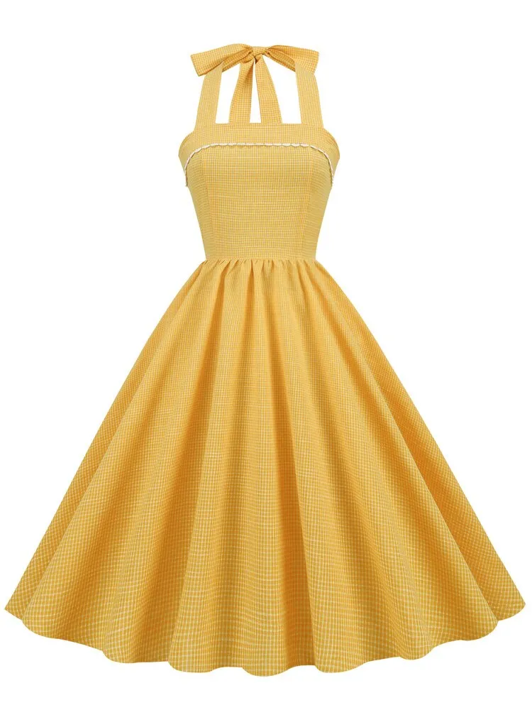 Yellow Plaid Halter 50s Robe Pleated Fit and Flare Women Backless Party Vintage Pocket Dress