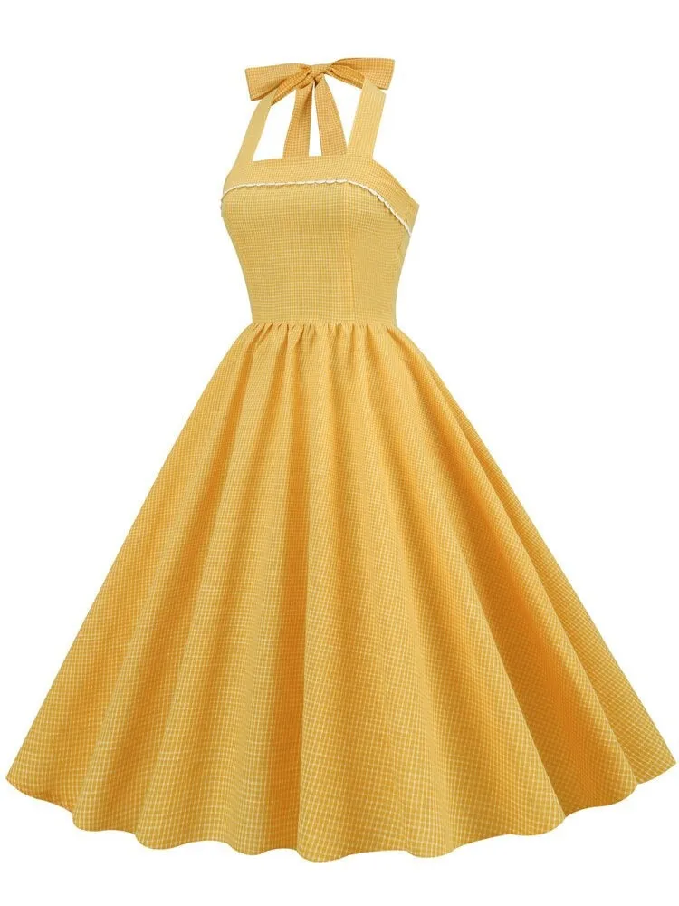 Yellow Plaid Halter 50s Robe Pleated Fit and Flare Women Backless Party Vintage Pocket Dress