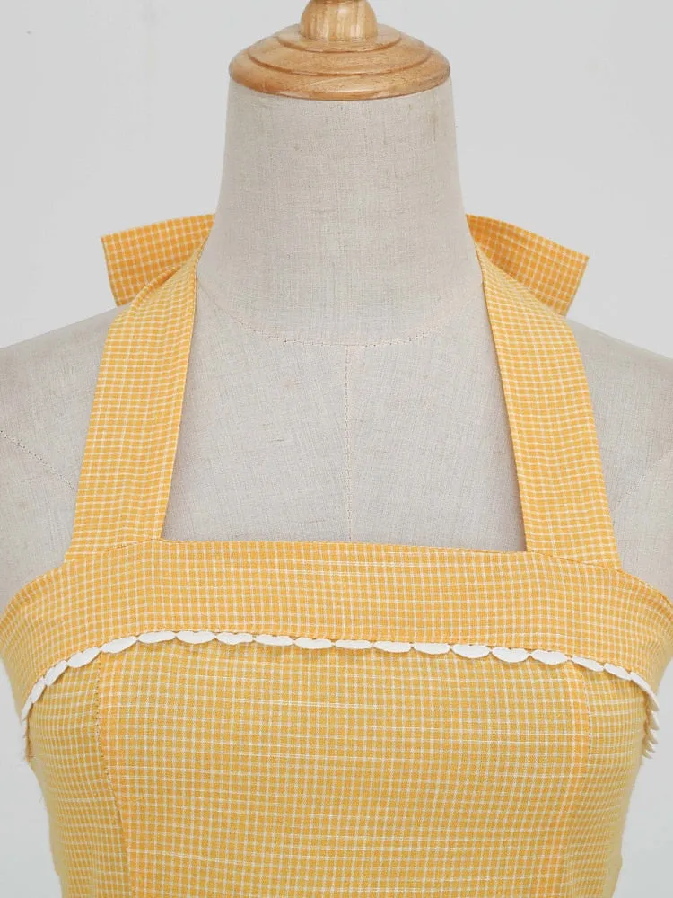 Yellow Plaid Halter 50s Robe Pleated Fit and Flare Women Backless Party Vintage Pocket Dress