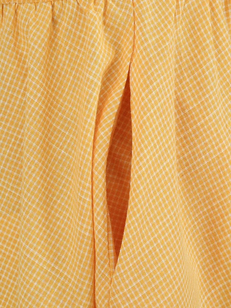 Yellow Plaid Halter 50s Robe Pleated Fit and Flare Women Backless Party Vintage Pocket Dress