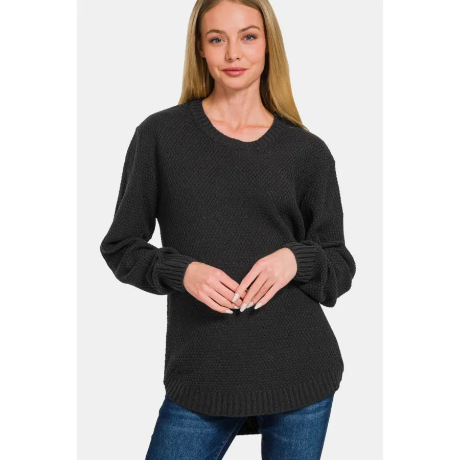 Zenana Ful Size Round Neck Long Sleeve Curved Hem Sweater