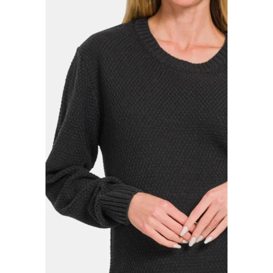 Zenana Ful Size Round Neck Long Sleeve Curved Hem Sweater